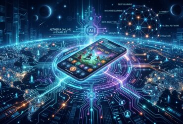 Smartphone displaying an AI-optimized mobile game over a digital world map with AI and machine learning labels