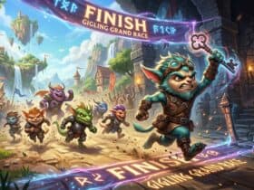 Gigaverse Introduces Complimentary Giglings Race Featuring Dungeon Key Rewards 34 A blue-furred creature with goggles crosses the finish line of the Gigling Grand Race, holding up a large key