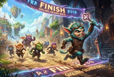 A blue-furred creature with goggles crosses the finish line of the Gigling Grand Race, holding up a large key