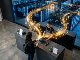 A customer pays via smartphone at a retail counter, with glowing data lines connecting to a background server room