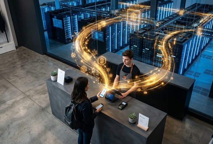 A customer pays via smartphone at a retail counter, with glowing data lines connecting to a background server room