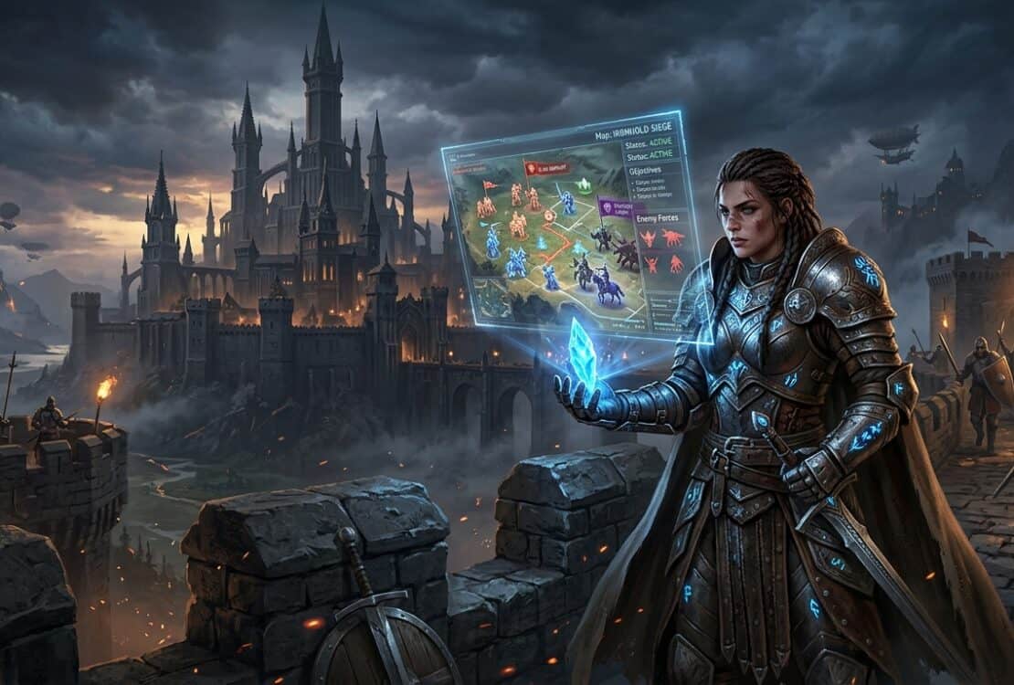 A female commander in runic armor on a castle wall, projecting a holographic tactical map of a siege