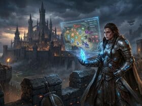 A female commander in runic armor on a castle wall, projecting a holographic tactical map of a siege