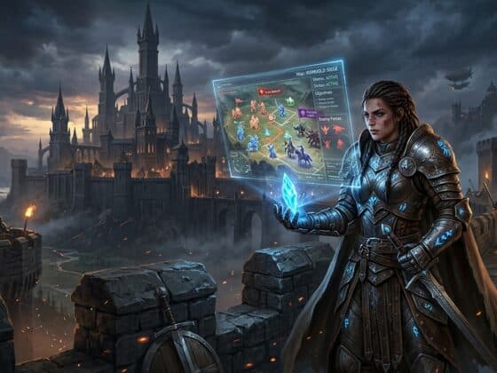 A female commander in runic armor on a castle wall, projecting a holographic tactical map of a siege