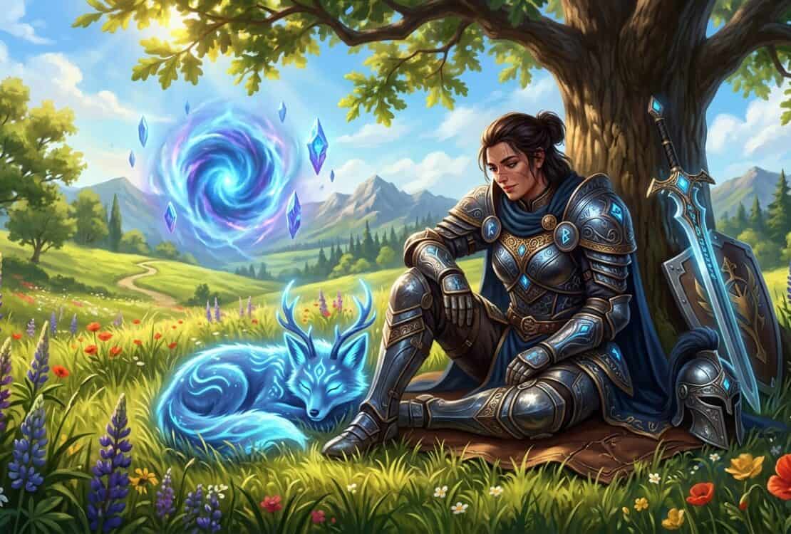 A female warrior in ornate armor rests under a tree with a glowing spirit fox in a sunny meadow near a magical portal