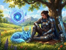 A female warrior in ornate armor rests under a tree with a glowing spirit fox in a sunny meadow near a magical portal