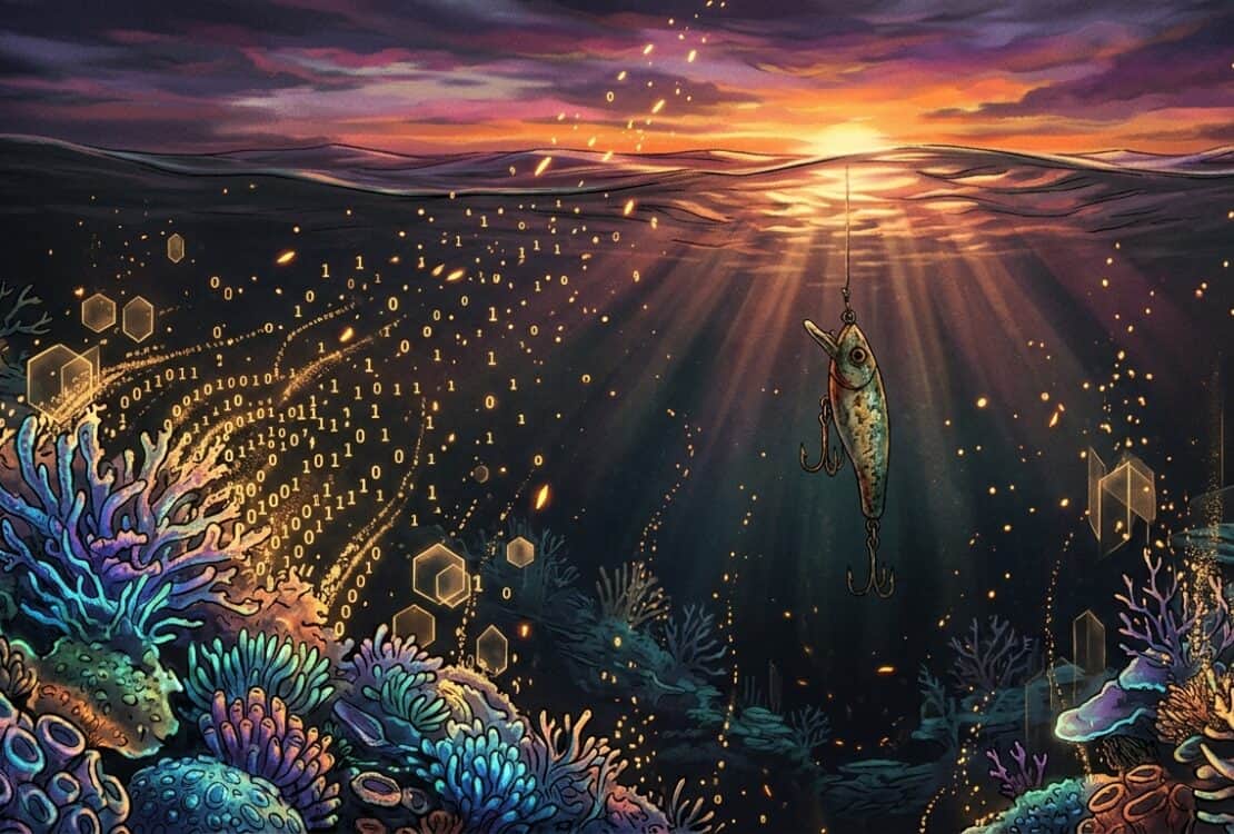 A fishing lure hangs underwater near a coral reef as binary code flows through the water like a school of fish