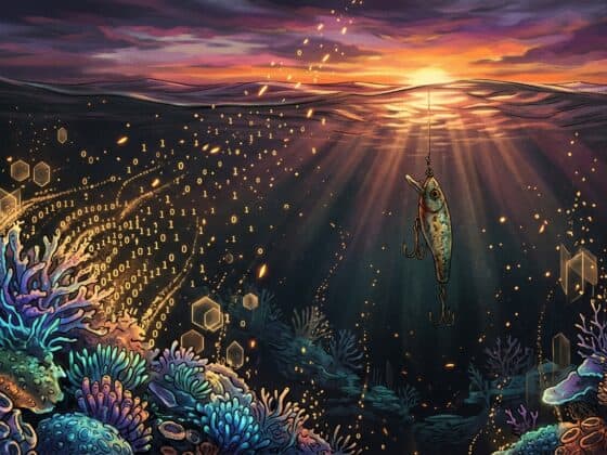 A fishing lure hangs underwater near a coral reef as binary code flows through the water like a school of fish