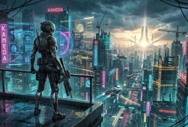 A futuristic soldier in tactical armor overlooks a rainy, neon-lit cyberpunk city with flying vehicles and holograms