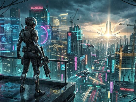 A futuristic soldier in tactical armor overlooks a rainy, neon-lit cyberpunk city with flying vehicles and holograms