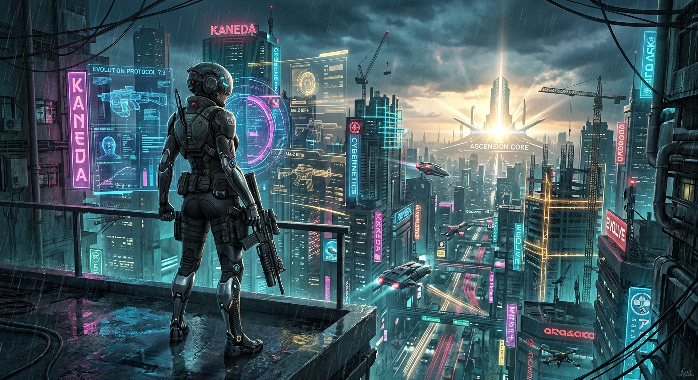 Off The Grid Sets Full Release for October 2026 with Updated Roadmap 25 A futuristic soldier in tactical armor overlooks a rainy, neon-lit cyberpunk city with flying vehicles and holograms