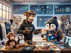 A monkey and penguin in a studio with branded apparel, gaming devices, and screens showing global community and brand data