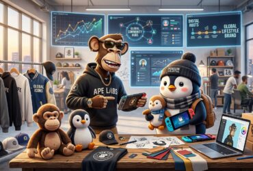 A monkey and penguin in a studio with branded apparel, gaming devices, and screens showing global community and brand data