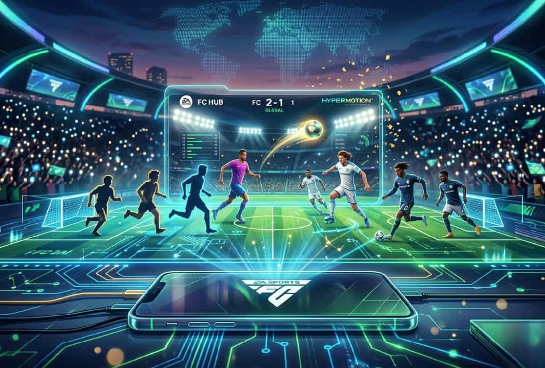 A smartphone projecting a holographic EA Sports FC soccer match with HyperMotion technology in a futuristic stadium