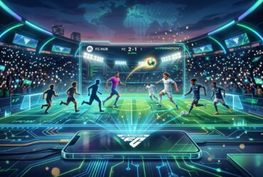 A smartphone projecting a holographic EA Sports FC soccer match with HyperMotion technology in a futuristic stadium