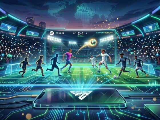 A smartphone projecting a holographic EA Sports FC soccer match with HyperMotion technology in a futuristic stadium