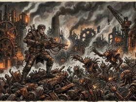 A steampunk warrior with a large gun fights a horde of skeletal robots in a smoky industrial wasteland