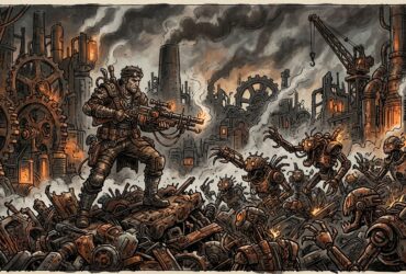 A steampunk warrior with a large gun fights a horde of skeletal robots in a smoky industrial wasteland
