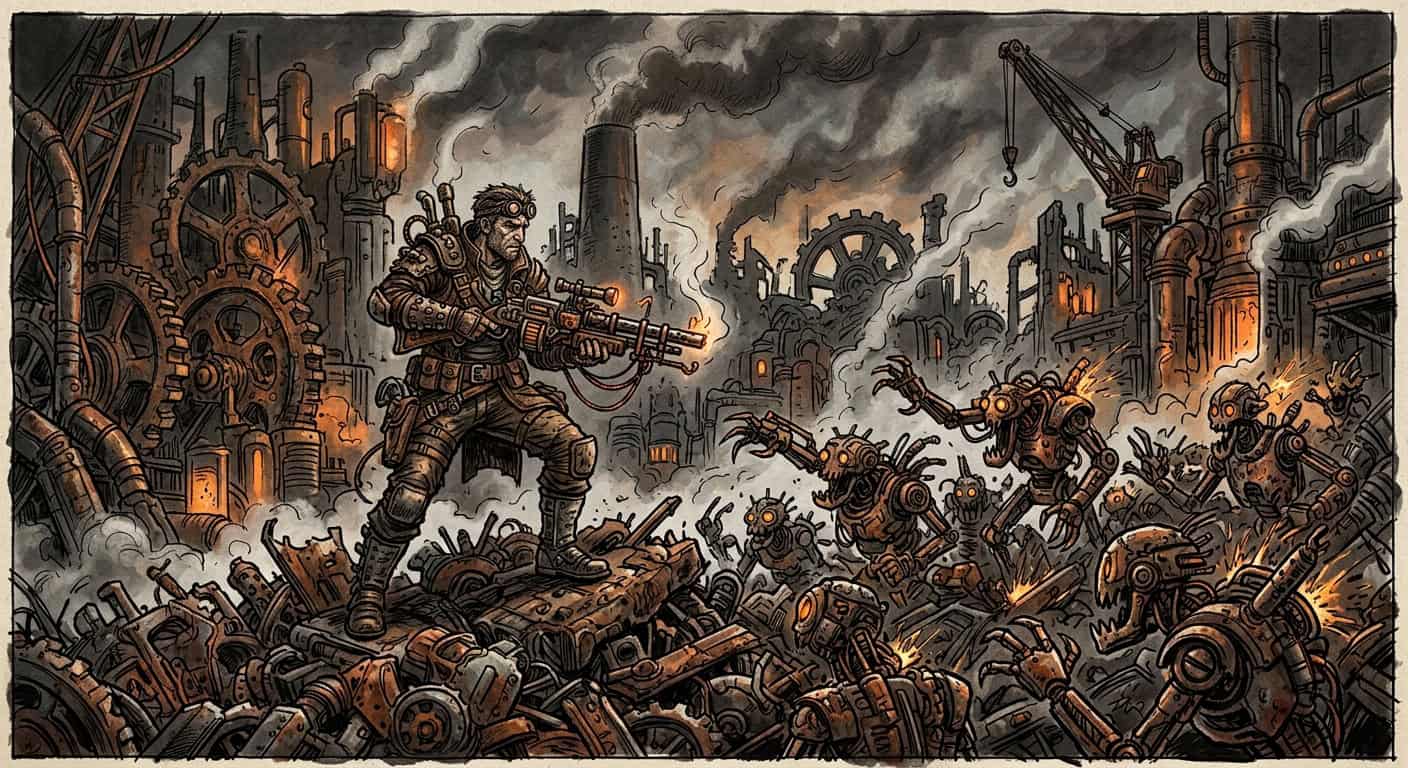 A steampunk warrior with a large gun fights a horde of skeletal robots in a smoky industrial wasteland
