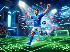 A voxel soccer player celebrates a goal in a futuristic digital stadium with glowing green grids and binary code