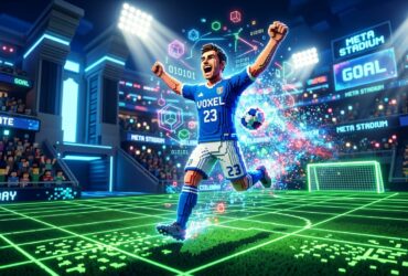 A voxel soccer player celebrates a goal in a futuristic digital stadium with glowing green grids and binary code