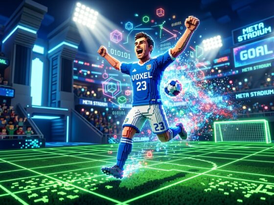 A voxel soccer player celebrates a goal in a futuristic digital stadium with glowing green grids and binary code