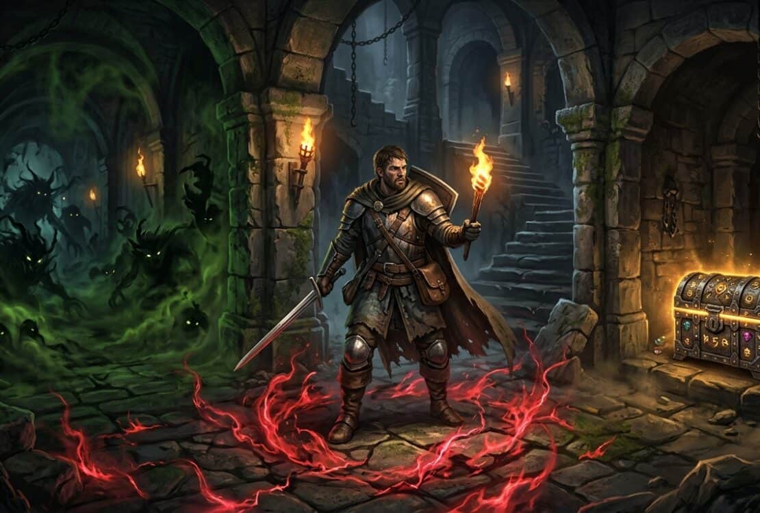 A warrior with a torch and sword stands in a dungeon, flanked by shadowy green monsters and a glowing treasure chest