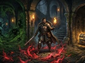 A warrior with a torch and sword stands in a dungeon, flanked by shadowy green monsters and a glowing treasure chest
