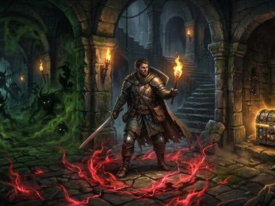 A warrior with a torch and sword stands in a dungeon, flanked by shadowy green monsters and a glowing treasure chest