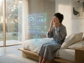 A woman reviews holographic sleep data, including a score of 88, and recovery advice from her wearable device