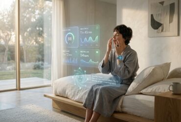 A woman reviews holographic sleep data, including a score of 88, and recovery advice from her wearable device