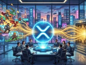 Business professionals in a futuristic office observe a glowing XRP logo connecting pixel art gaming characters to a high-tech vault