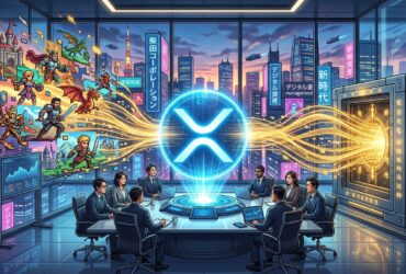 Business professionals in a futuristic office observe a glowing XRP logo connecting pixel art gaming characters to a high-tech vault