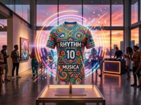 Colorful soccer jersey with Rhythm Latin Vibes FC 10 Musica Futbol Art text displayed in a modern gallery