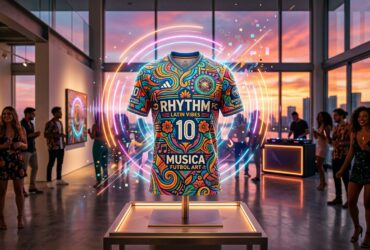 Colorful soccer jersey with Rhythm Latin Vibes FC 10 Musica Futbol Art text displayed in a modern gallery