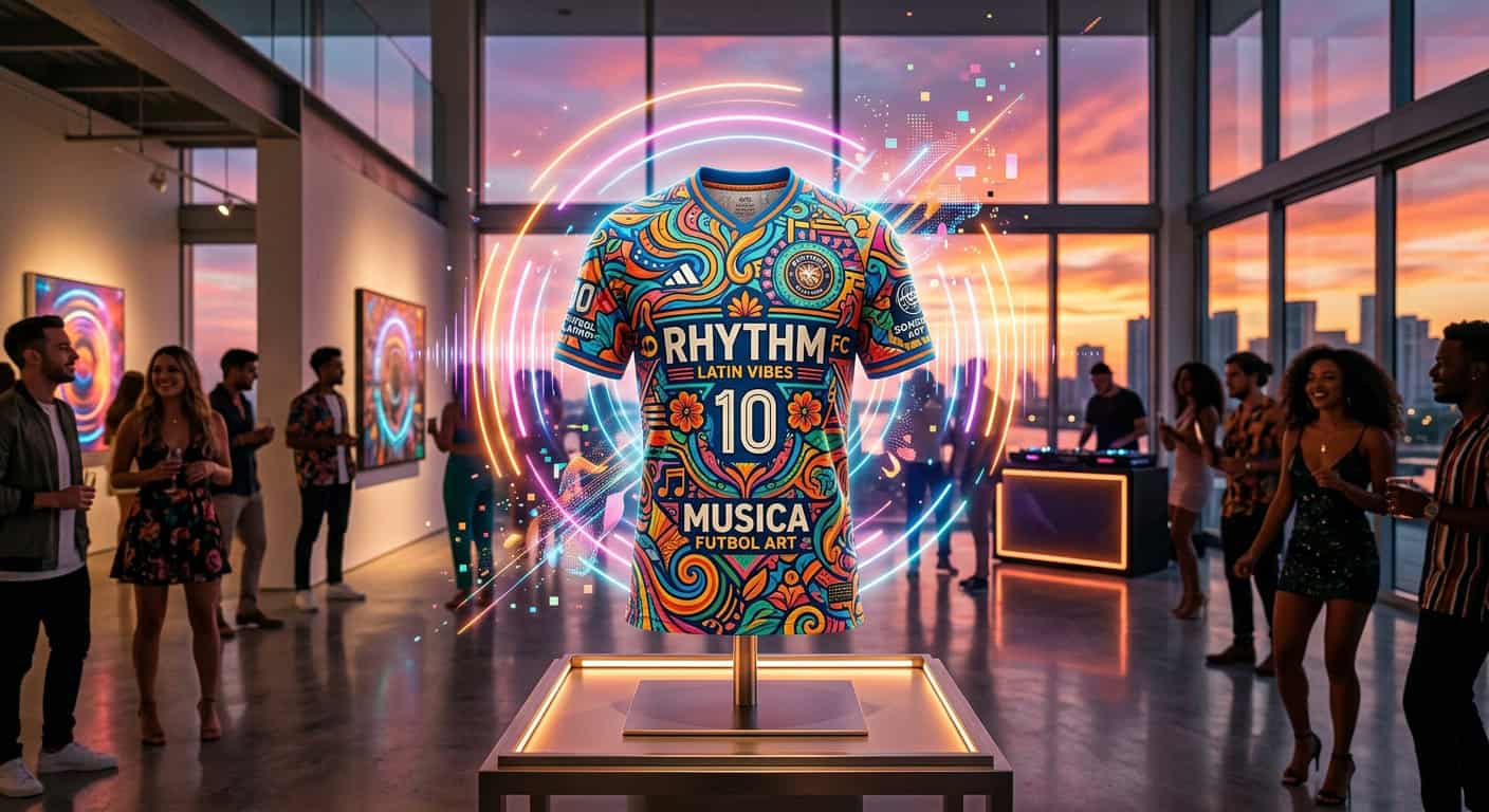 Colorful soccer jersey with Rhythm Latin Vibes FC 10 Musica Futbol Art text displayed in a modern gallery