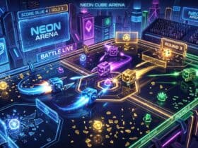 Cube-shaped robots battle with lasers in a futuristic, neon-lit arena set against a cyberpunk city skyline