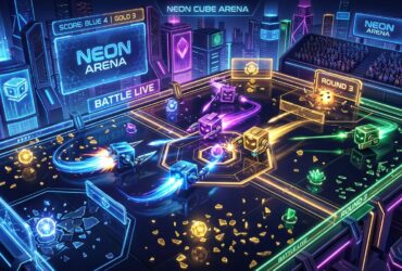 Cube-shaped robots battle with lasers in a futuristic, neon-lit arena set against a cyberpunk city skyline