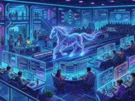 Developers at a futuristic hackathon work around a digital horse on an Onchain Racing track with AI and blockchain displays