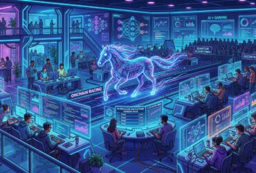 Developers at a futuristic hackathon work around a digital horse on an Onchain Racing track with AI and blockchain displays