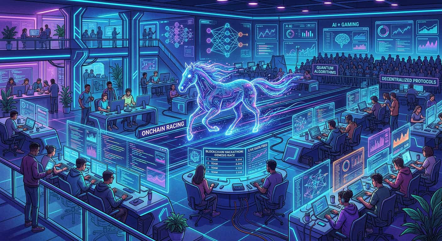 Developers at a futuristic hackathon work around a digital horse on an Onchain Racing track with AI and blockchain displays
