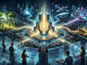 Developers at workstations connect to a central hub linked to game worlds like Neon City and Forgotten Realm