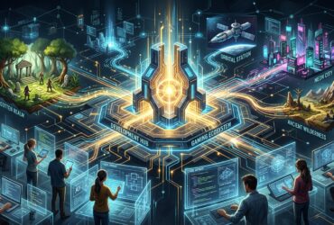 Developers at workstations connect to a central hub linked to game worlds like Neon City and Forgotten Realm