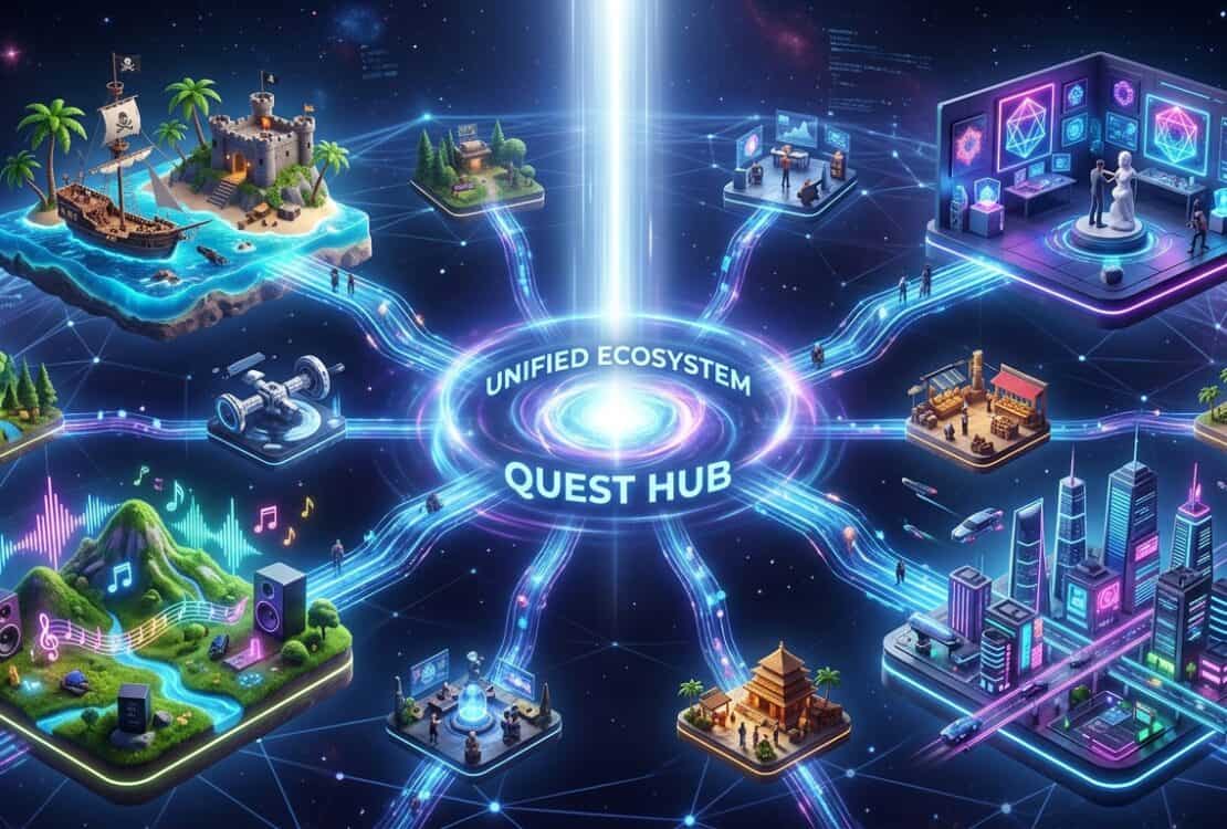 Digital illustration of a central Unified Ecosystem Quest Hub connected by glowing paths to various themed platforms