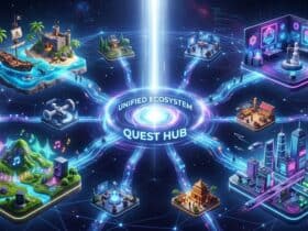 Digital illustration of a central Unified Ecosystem Quest Hub connected by glowing paths to various themed platforms