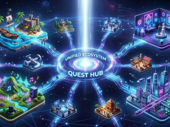 Digital illustration of a central Unified Ecosystem Quest Hub connected by glowing paths to various themed platforms