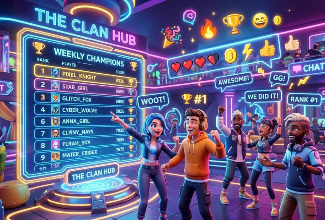 Diverse avatars celebrating in a neon-lit gaming hub in front of a Weekly Champions leaderboard