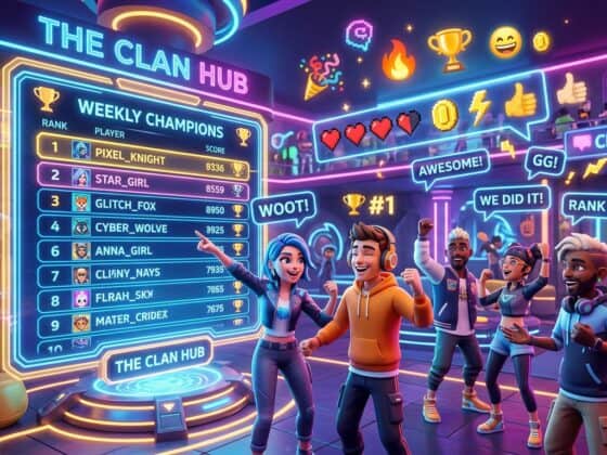 Diverse avatars celebrating in a neon-lit gaming hub in front of a Weekly Champions leaderboard