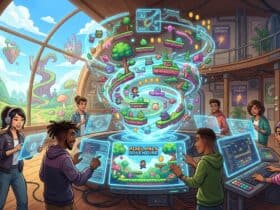 Diverse team of game developers collaborating on Pixel Pals Adventure in a high-tech studio with holographic displays