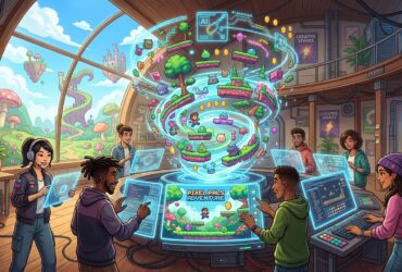 Diverse team of game developers collaborating on Pixel Pals Adventure in a high-tech studio with holographic displays